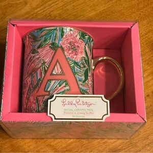 Lilly Pulitzer ceramic initial A Coffee Mug with Gold Handle. NIB.